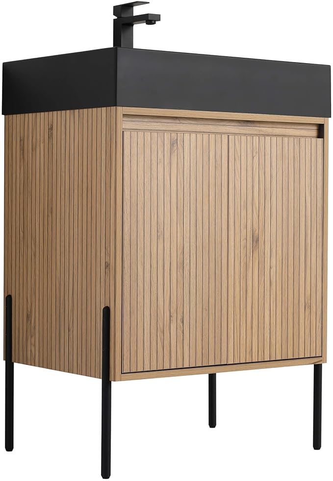 Crownpoint 24 Inch Bathroom Vanity with Sink, Black Sink, Bright Oak Finish, Full Assembly Required, Elegant Bathroom Vanities for Modern Homes