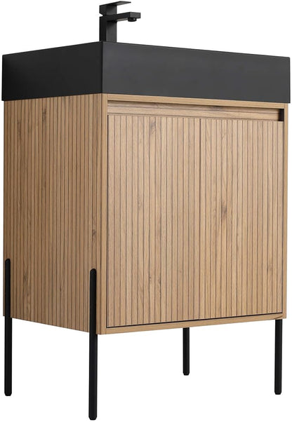 Crownpoint 24 Inch Bathroom Vanity with Sink, Black Sink, Bright Oak Finish, Full Assembly Required, Elegant Bathroom Vanities for Modern Homes