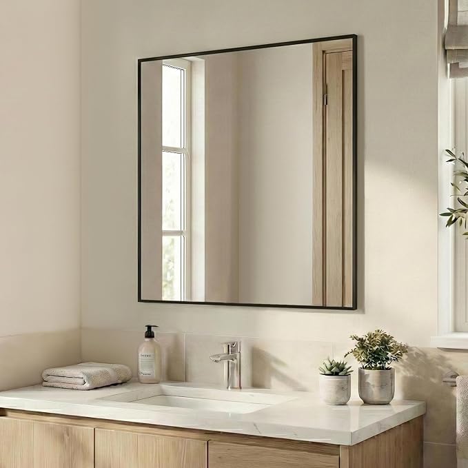 36"x36" Matte Black Framed Square Bathroom Vanity Wall Mirror | Accent Wall Mirror, Square Geometric Look, Slim Metal Frame, Living Room or Entryway, Keyhole Mount, Tempered Glass