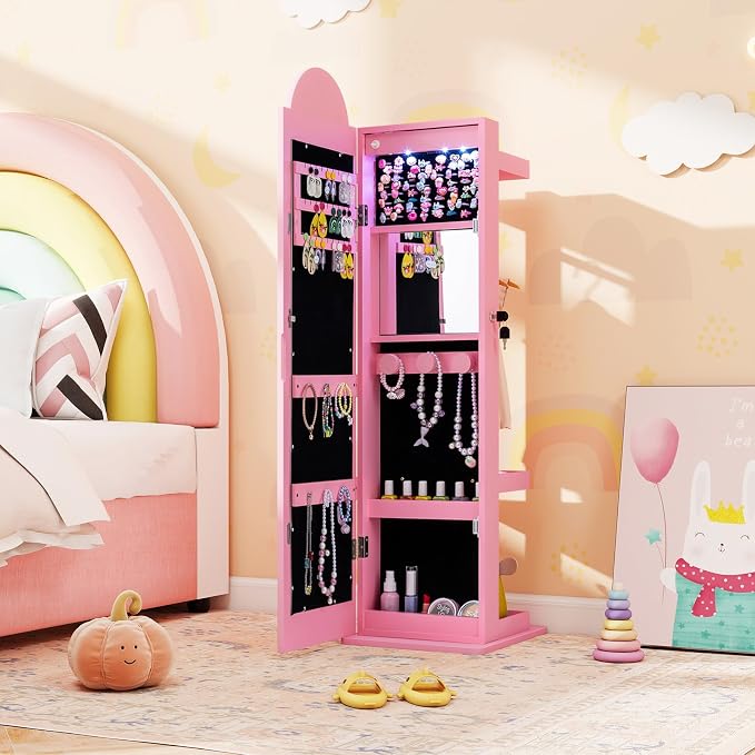 HONEY JOY Kids Jewelry Cabinet with LED Lights, Rainbow Standing Jewelry Armoire w/Full-Length Mirror & Makeup Mirror, Ring Slot, Lockable Princess Jewelry Organizer Storage for Toddler Girls(Pink)