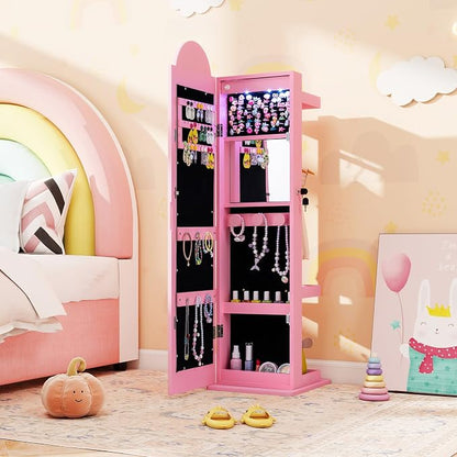 HONEY JOY Kids Jewelry Cabinet with LED Lights, Rainbow Standing Jewelry Armoire w/Full-Length Mirror & Makeup Mirror, Ring Slot, Lockable Princess Jewelry Organizer Storage for Toddler Girls(Pink)