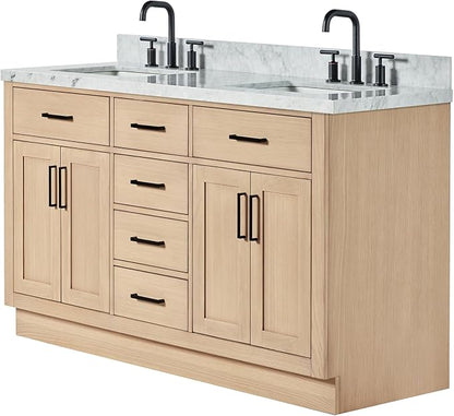 ARIEL Hepburn 60-inch Bathroom Vanity with Sink,Solid Wood, 1.5-inch Italian Carrara Marble Countertop, Double Rectangular Porcelain Sink, 4 Soft Closing Doors, 6 Dovetail Drawers, White Oak