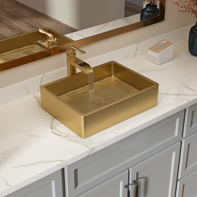Lordear Stainless Steel Vessel Sink 16"x12" Gold Bathroom Vanity Sink | Gold Bathroom Vanity Sink Rectangular Above Couter Art Basin 4'' deep