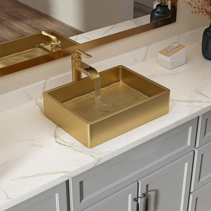 Lordear Stainless Steel Vessel Sink 16"x12" Gold Bathroom Vanity Sink | Gold Bathroom Vanity Sink Rectangular Above Couter Art Basin 4'' deep