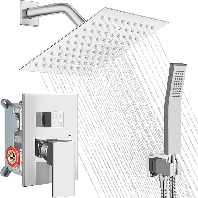 Midanya Shower Faucet Set,Wall Mount Shower System with Square Rain Shower Head and Hand Sprayer, Rough-in Valve Body and Trim Kit Included,8 Inch,Polish Chrome