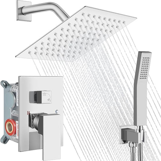Midanya Shower Faucet Set,Wall Mount Shower System with Square Rain Shower Head and Hand Sprayer, Rough-in Valve Body and Trim Kit Included,8 Inch,Polish Chrome