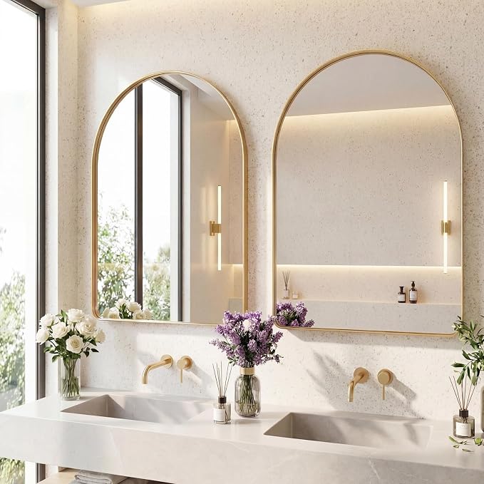 OLIXIS 36x24 Inch Arched Bathroom Wall Mirror, Rounded Rectangle, Gold | Modern Wall Mount Vanity Mirror for Over Sink with Matte Metal Deep Framed, for Home Decor, Living Room