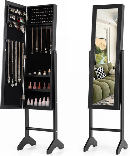 Giantex Jewelry Armoire with Full Length Mirror, Freestanding Jewelry Organizer Cabinet with Ring Slots, Earring Holders, Necklace Hooks & Storage Shelves for Bedroom (Black)