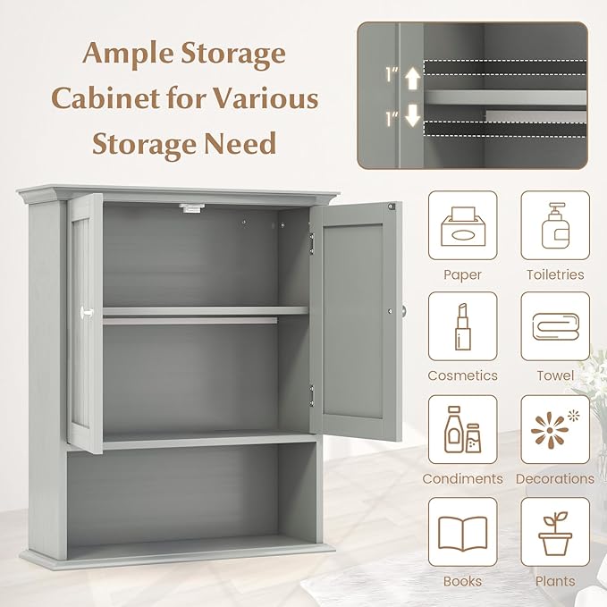 Giantex Wall Mounted Medicine Cabinets - Above Toilet Bathroom Cabinet with Adjustable Shelf, Open Shelf, Over The Toilet Space Saver Storage Cabinet for Laundry Room, Kitchen, Cupboard (Gray)
