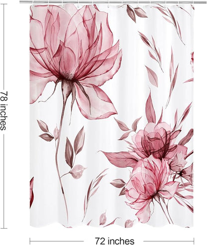 Burgundy Boho Floral Shower Curtain, Watercolor Botanical Design, 72 x 78 | Boho Floral Design, Watercolor Ink Painting Style, Botanical Flowers & Leaves, Elegant Bathroom Accent, Fabric Cloth Curtain