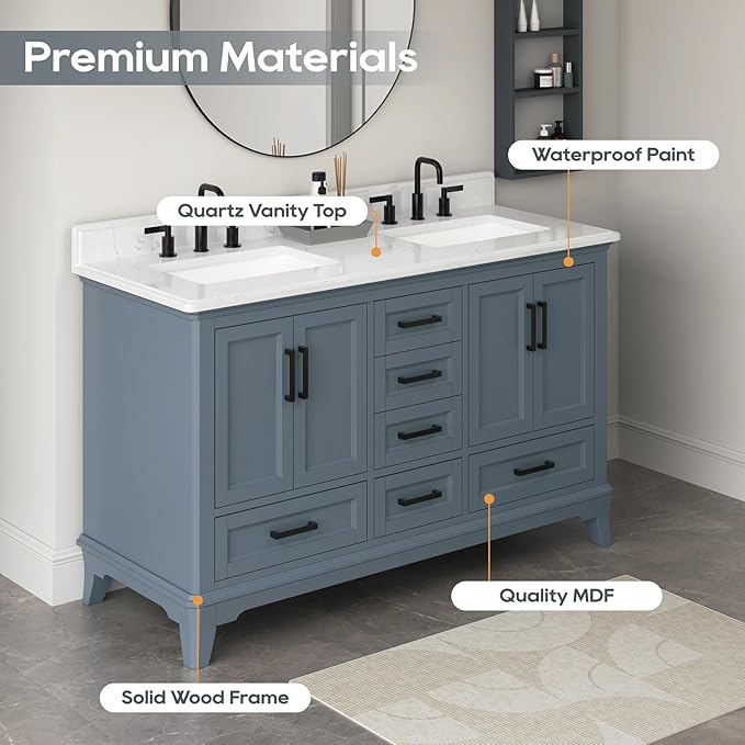 60 Inch Bathroom Vanity with Double Sink, Solid Wooden Frame Bathroom Sink Cabinet Vanity with Adjustable Feet, Bathroom Storage Cabinet with Soft Closing Doors-Steel Blue