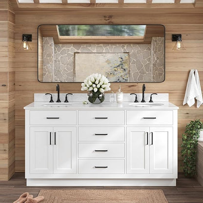 ARIEL Hepburn 66-inch Bathroom Vanity with Sink,Solid Wood, 0.75-inch Italian Carrara Marble Countertop & Backsplash, Double Oval Porcelain Sink, 4 Soft Closing Doors, 6 Dovetail Drawers, White