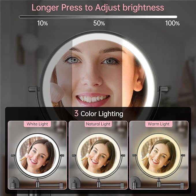FUNTOUCH 5000mAh Rechargeable Wall Mounted Lighted Makeup Mirror 1X30X | Double Sided 1X 30X Magnifying, 3 Color Lighting, Touch Dimming, Extended Arm 360 Rotation Light up Bathroom Mirror Black