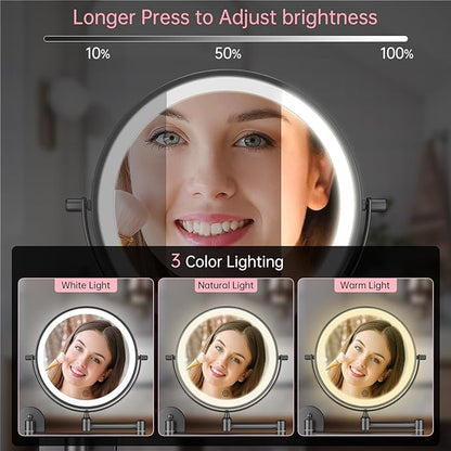FUNTOUCH Rechargeable Wall Mounted Lighted Makeup Vanity Mirror 8 Inch Double Sided 1X 30X Magnifying Bathroom Mirror, 3 Color Lighting, Touch Dimming, Extended Arm 360 Rotation Light up Mirror Black