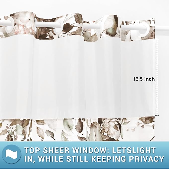 No Hook Floral Shower Curtain with Liner, Eucalyptus Taupe, 71x74 | Snap in Liner, 3 in 1, Water Repellent, Easy Install, Machine Washable, Hotel Style for Bathroom, Watercolor Pattern
