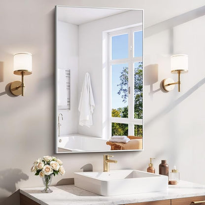 YIROMAN Bathroom Mirror 24"x40", Brushed Silver Large Bathroom Vanity Mirror with Aluminum Frame, Rectangular Bathroom Mirror for Over Sink with Right Angle, Wall Mirror Hangs Horizontal or Vertical