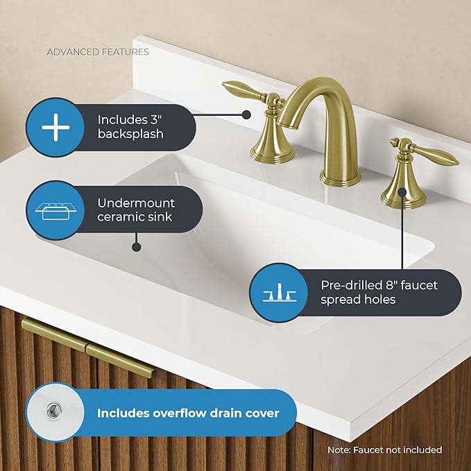 OVE Decors Indy 30 in. Undermount Single Sink Bathroom Vanity with White Engineered Marble Top, Warm Walnut