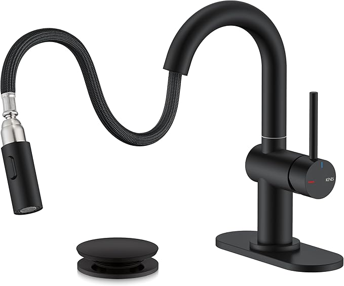 KENES Pull Down Bathroom Faucet with Sprayer, Matte Black Single Handle Bathroom Sink Faucet with Pull Out Sprayer, Vanity Bar Faucet with Pop Up Drain & Deck Plate, KE-9065B-2