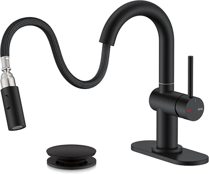 KENES Pull Down Bathroom Faucet with Sprayer, Matte Black Single Handle Bathroom Sink Faucet with Pull Out Sprayer, Vanity Bar Faucet with Pop Up Drain & Deck Plate, KE-9065B-2