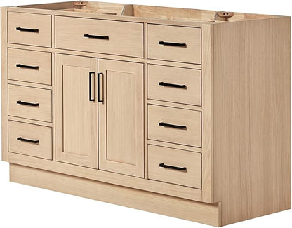 ARIEL Hepburn 54-inch Bathroom Vanity Base Cabinet,Solid Wood, 2 Soft Closing Doors, 9 Dovetail Drawers, White Oak