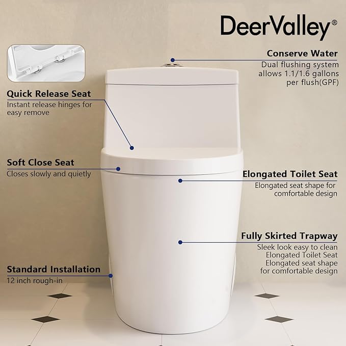 One Piece Toilet DeerValley 10" Rough-In Toilet for Bathroom 1.1/1.6 GPF Dual Flush Standard Bathroom Toilet with Soft-Closing and Quick-Release Seat DV-1F52816R