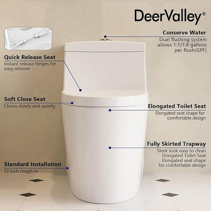 One Piece Toilet DeerValley 10" Rough-In Toilet for Bathroom 1.1/1.6 GPF Dual Flush Standard Bathroom Toilet with Soft-Closing and Quick-Release Seat DV-1F52816R