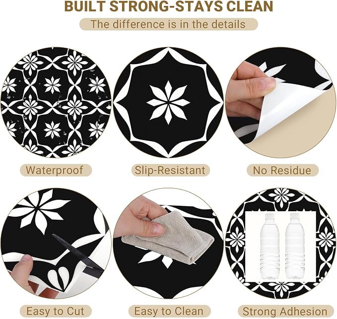 20-Pack Peel and Stick Floor Tile, 7.9”x7.9” Vinyl Flooring for Bathroom Kitchen, Waterproof Non-Slip Durable Self-Adhesive Easy DIY Removable No Residue Black