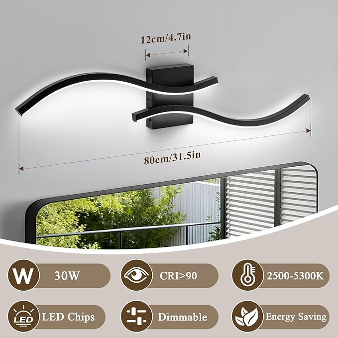 Bathroom Vanity Light Fixture, 26W 5CCT Dimmable Modern Led Bathroom Light Fixtures Over Mirror, LED Vanity Lighting Bar for Bathrooms (Black, 31.5inch)
