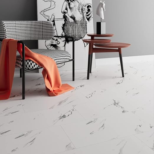 Stickyart Carrara Marble Floor Tile Vinyl Flooring Tiles Peel and Stick Floor Bathroom Waterproof 12"x24" White Marble Vinyl Flooring Tile for Bedroom Kitchen RV Self Adhesive Stick on Wall Tiles 4pcs