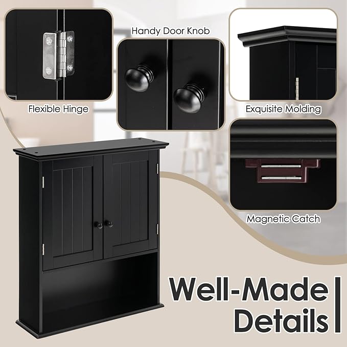 Tangkula Wall Mount Bathroom Cabinet Wooden Medicine Cabinet Storage Organizer with 2-Doors and 1-Shelf Cottage Collection Wall Cabinet (Black)