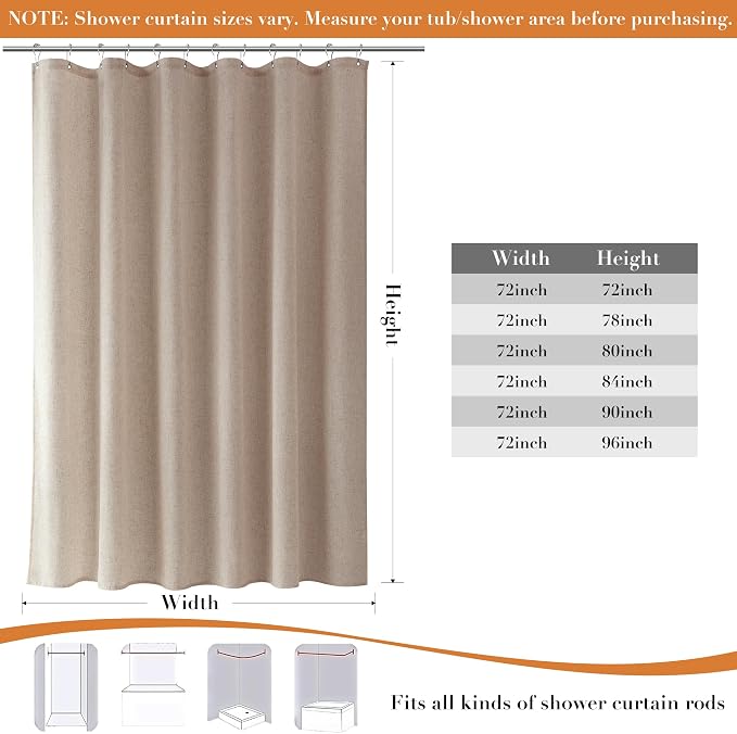 Extra Long Linen Shower Curtain for Bathroom 80 Inch Sand Beige | Weighted Fabric Bath Curtains with Hooks, Water Repellent, Neutral Boho Farmhouse, Simple Luxury Shower Decor, 1 Panel, 72x80