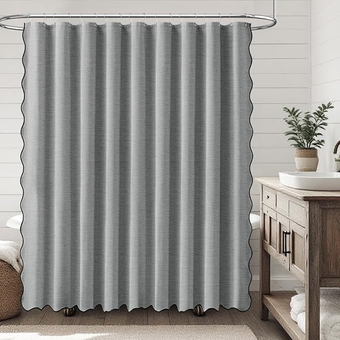 BTTN Extra Wide Shower Curtain - 108 Inch Boho Scalloped Linen Textured Thick Fabric Shower Curtain Set with 18 Plastic Hooks - Large Country Waterproof Shower Curtains for Bathroom - 108x72 - Grey
