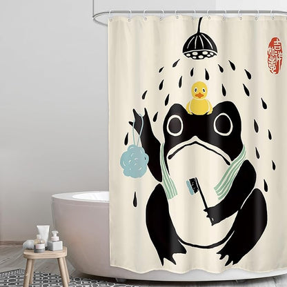 LGhtyro Funny Frog Shower Curtain Bathroom Set 54Wx78H Inches Retro Asian Traditional Cute Animal Japanese Style Black Beige Rubber Duck Bath Accessories Frog Art Home Decor Fabric 12 Pack Hooks