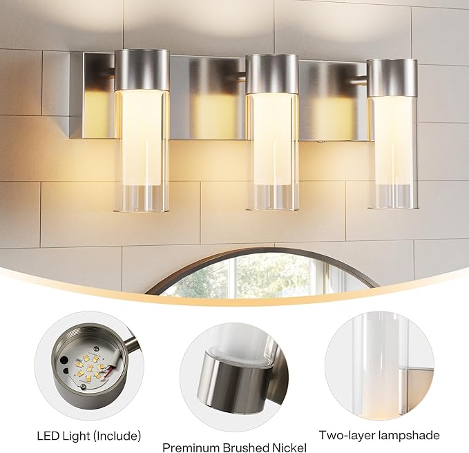 Tribesigns LED Bathroom Light Fixtures, 3-Light Vanity Lights Over Mirror, Wall Lights with 3 Color Modes & Sand Nickel Finish, Wall Sconces with Clear Glass Shades for Bathroom Hallway Bedroom