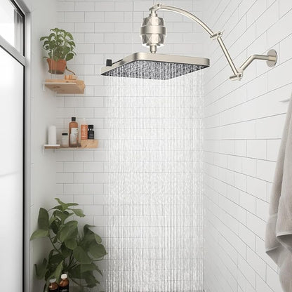 Hibbent Rain Filtered Shower Head, 13'' High Pressure Rainfall 5 Modes Showerhead with 16" Shower Head Extension Arm, Solid Brass Adjustable Shower Arm Extender, 20 Stage Shower Filter, Brushed Nickel