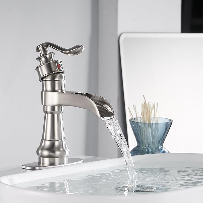 Brushed Nickel Bathroom Faucet Single Handle Waterfall Spout | Pop Up Drain and Supply Lines Included, One Hole Commercial Lavatory Deck Mount, Easy Install, Wipe-clean Surface