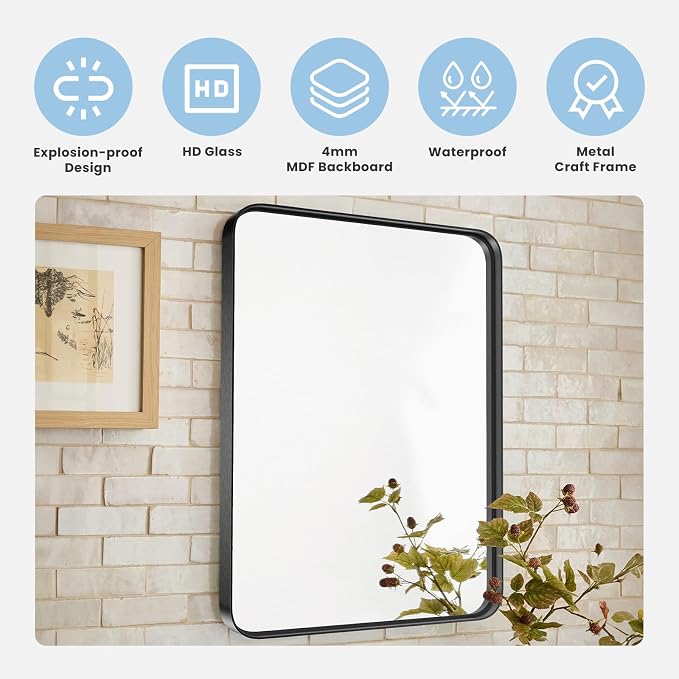 NEWBULIG Bathroom Mirror, Vanity Mirror for Wall, 24x40 Inch | Matte Metal Framed, Tempered Glass, Over Sink, Entryway Living Room Bedroom, Black