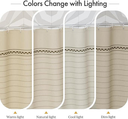 AmazerBath Farmhouse Shower Curtain, Brown Shower Curtain Set with Tassels, Rustic Faux Linen Brown Striped Boho Shower Curtain with Hooks, Warm Tan Toned, 72x72 Inches