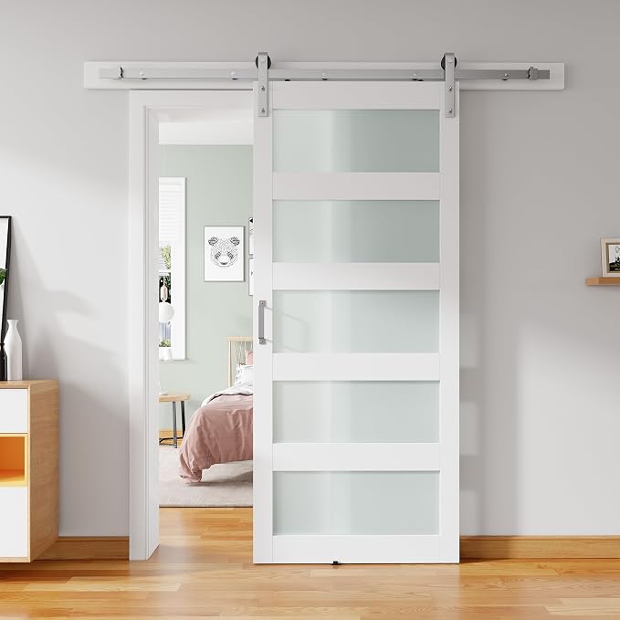 38'' x 84'' Glass Barn Door and 6.6FT Brushed Nickel Hardware Kit | MDF White Barn Door Slab with Frosted Glass, PVC Surface, Combined with Handle and Floor Guide-Assembly Required