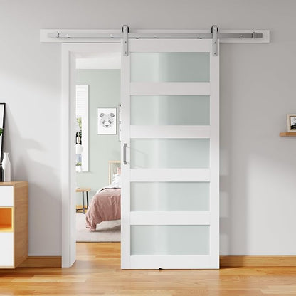36'' x 84'' Glass Barn Door and 6.6FT Brushed Nickel Hardware Kit | MDF White Barn Door Slab with Frosted Glass, PVC Surface, Combined with Handle and Floor Guide-Assembly Required