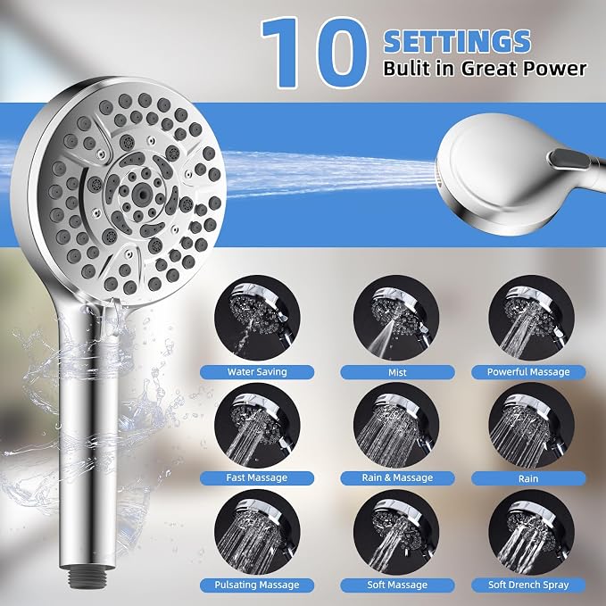 8" Metal Rainfall Shower Head with 10-Mode Handheld, Chrome | NSF/ANSI/CAN 372 Certified, High Pressure Showerhead Combo with 11" Adjustable Shower Arm, 71" Hose, Shower Head Holder