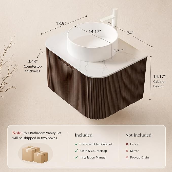 24 Inch Bathroom Vanity with Sink, Floating Wall Mounted Single Sink Vanity for Small Baths, Dark Walnut Curved Fluted Front, Stone Top, Pure White Round Vessel Basin, Pre-Assembled