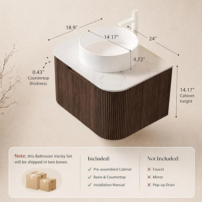 24 Inch Bathroom Vanity with Sink, Floating Wall Mounted Single Sink Vanity for Small Baths, Dark Walnut Curved Fluted Front, Stone Top, Pure White Round Vessel Basin, Pre-Assembled
