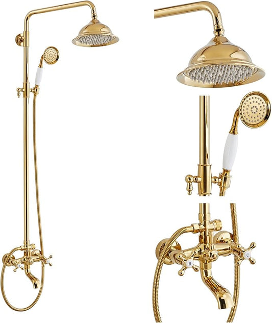 gotonovo Bathroom Exposed Shower Faucet Outdoor Shower System 8 Inch Rainfall Shower Head Set with Tub Spout and Handheld Spray Double Cross Handles Wall Mount without Shower Shelf Polished Gold