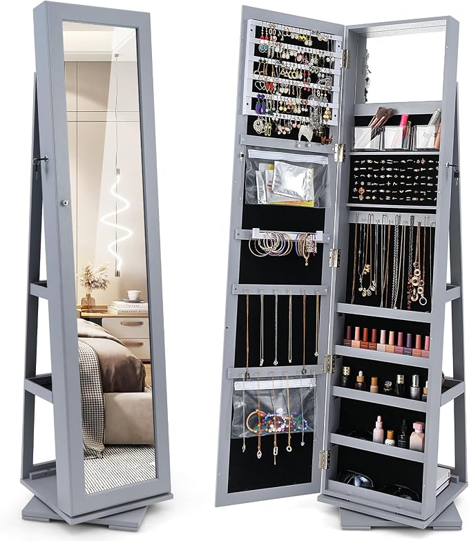 GOFLAME 360° Rotating Jewelry Armoire, Lockable Jewelry Cabinet with Full-Length Mirror & Inner Makeup Mirror, Standing Jewelry Storage Organizer with Rear Storage Shelves, Gray
