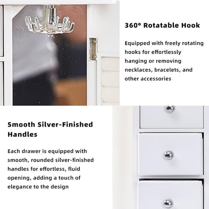 Vintage Wood Jewelry Box with 4 Drawers, Desktop Jewelry Organizer with Glass Door & Mirror, Necklace Ring Storage Display Case Built-in Necklace Carousel (White, Butterfly, 4 Drawers)