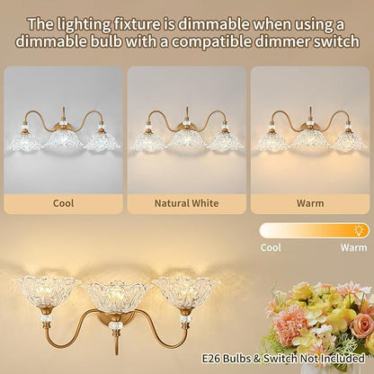 Vintage Bathroom Vanity Light, 3-Light Matte Deep Brass Finish Vanity Light with Flower-Shaped Clear Glass Shades, Retro Wall Sconce for Bathroom