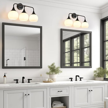 Mid Century Matte Black Bathroom Vanity Lights 3-Light Bathroom Lighting Fixtures Over Mirror with Milk White Glass Shade Modern Wall Sconce Lighting Bath Vanity Lights (Exclude E26 Bulb)