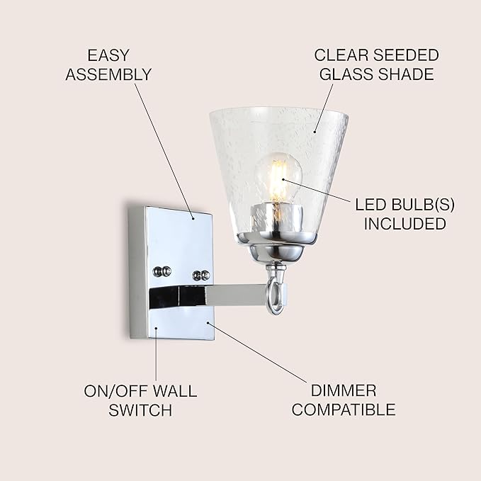 JONATHAN Y 5" Chrome Marion 1-Light Vanity Light Wall Sconce for Bathroom Decor, Clear Seeded Glass Shade, Reversible Hardwired Lamp for Mirror Hallway, LED Bulb JYL7432A