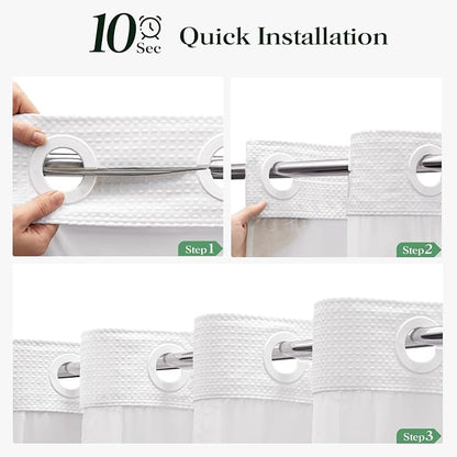 White Hook Free Waffle Shower Curtain & Snap-in Fabric Liner,36x75 | Less Time to install, 3 in 1 Fabric Shower Curtain and Liner Set with Magnets, Stall, Shower Curtains for Bathroom